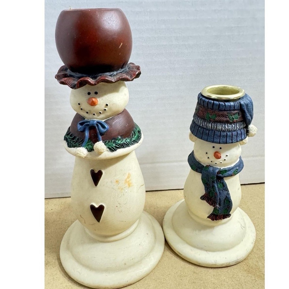2000 Snowman Family Candle Holders Set of 2 Graduated Sizes Holiday Xmas Y2K